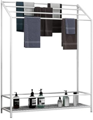 DaoWhisper Porte-Serviettes sur Pied Blanc, Porte Serviette Salle de Bain Metal 4 Barres Support Serviette avec Etagere pour Serviettes, Couvertures, Journaux, 80 x 25 x 120 cm (White)