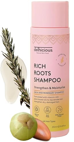 Delhicious Amla Oil & Rosemary Oil Shampoo for Hair Growth - Rich Roots Vegan Shampoo for Thinning Hair, Damaged Hair - Dry Scalp Treatment with Argan Oil - Natural, Ayurveda Hair Treatment - 250ml