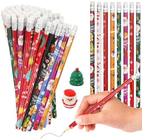 RUIYELE 60 Stück Weihnachten Schreibwaren Set Weihnachten Bleistifte mit Radiergummi Weihnachtsmann Weihnachtsbaum Rentier Muster Bleistifte 2 Stück Kartoon Weihnachten Bleistiftspitzer für Schüler