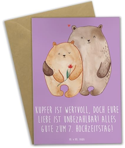 Mr. & Mrs. Panda Glückwunschkarte 7. Hochzeitstag Kupferhochzeit - Geschenk, hochzeitskarten, Heiraten, Grußkarten, einladungskarten, osterkarte, handgefertigte Geschenke, romantischer, wertvoll