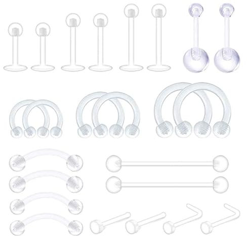 Tolldek 24pcs Piercing Nasenstecker, Transparent 0.8mm/ 1.2mm/ 1.6mm C und L Piercing Nasenring Dünn, Ring Piercing Lippe, Ohrringe Lippenring für Frauen