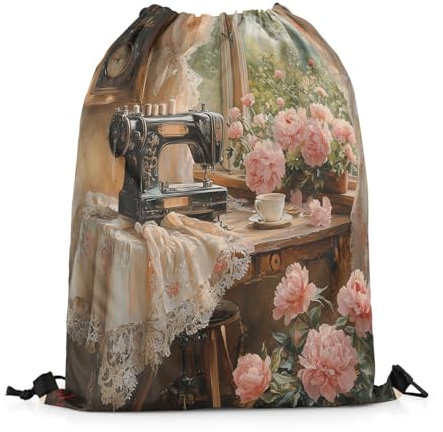 Tunnelzug Gymsack Vintage Rustikale Stil Nähmaschine Retro Turnbeutel wasserdichte Personalisierter Turnbeutel Verstellbar Gymnastikbeutel, Für Schule, Yoga, 36x42cm