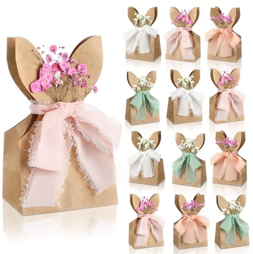 Affrolling 24 Set Boho Bow Easter Bunny Party Favor Bags DIY Bunny Gift Boxes with Neutral Bow Ribbon and Dried Flowers Rustic Paper Rabbit Ears Treat Bags Bulk for Easter Spring (Neutral Pastel)