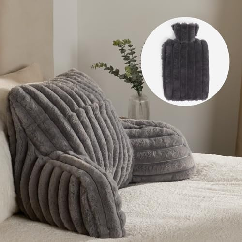 OHS Reading Pillows with Hot Water Bottle Included, Ribbed Faux Fur Back Support Cushion Soft Cosy Snuggle Cushion with Arms Gaming Pillow for Bed, Grey