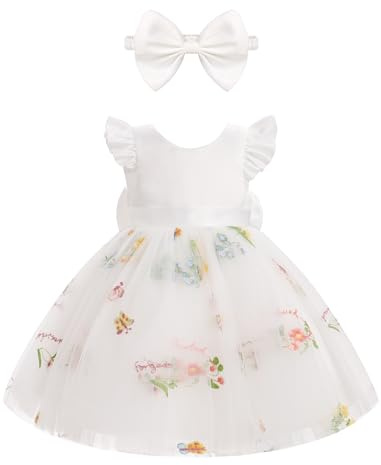 Odizli Baby Girls' Dresses Toddler Summer Flutter Sleeve Princess Tulle Tutu+Headband First 1st Birthday Cake Smash Outfit Christening Wedding Prom Party Clothes Photoshoot White Floral 9-12 Months