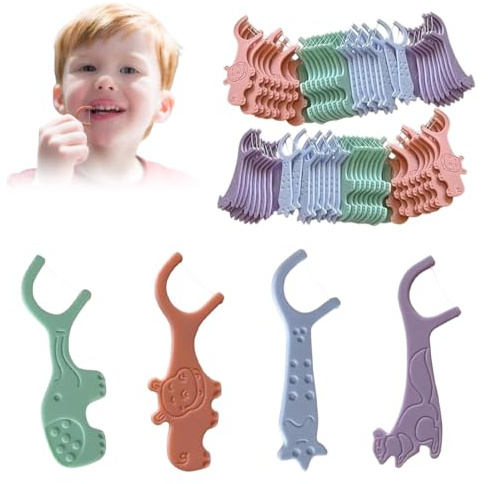 KEMUZ 80 Stück Zahnseide Kinder,Zahnseide Mit Kindergerechtem Griff, Zahnseide Stick Kinde Dental Floss Für Engen Zahnzwischenräume(Eichhörnchen, Elefant, Nilpferd, Sternschnuppe)