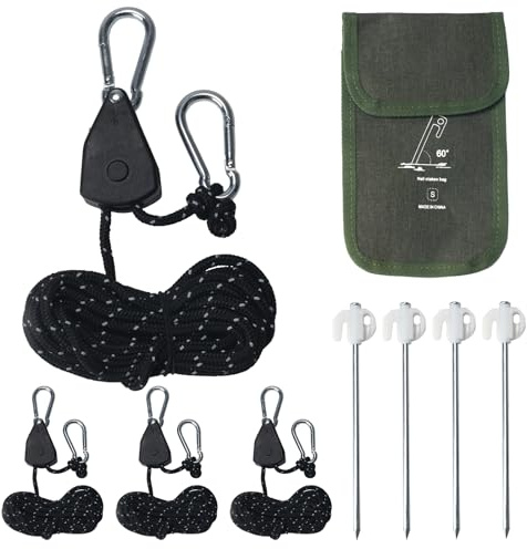 NAHUAA 4mm x 4m Corde a Cliquet Voile Ombrage 4 pcs Corde de Tente Réfléchissante de Camping avec Tendeur Cordes Poulie à Cliquet Sangle Réglable Cordes en Nylon pour Randonnée Lampe Plante, Noir