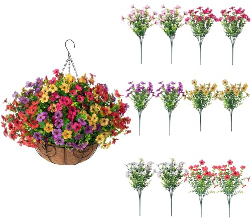Künstliche Hängeblumen für draußen – 12er-Pack realistische künstliche Veilchensträuße mit Eukalyptus, UV-beständige künstliche Hängepflanzen für Garten, Terrasse, Balkondekoration (Sechs Farben)
