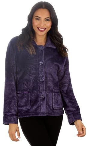 GM Apparel Veste de lit en polaire pour femmes Peignoirs de bain – Manteau de maison court chaud gaufré boutonné avec deux poches avant, Cardigan doux de détente et vêtements de nuit, violet, 46-48