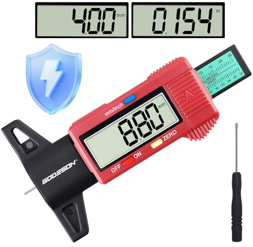 GODESON Digital Tyre Tread Depth Gauge UK, Tyres Depth Gauge with Large LCD Display, 0-25.4mm/Inch, Power-Saving Mode, Universal Tire Measuring Tool for Cars, Trucks & Motorcycles (Red)