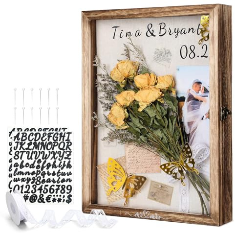 Yookeer 12 x 16'' Large Shadow Box Wedding Flower Display Case Picture Frame with Linen Memorial Keepsake Shadow Box Dried Bouquet Flower Decor DIY Kit Gift for Keepsakes Photo Memory Frame(Brown)