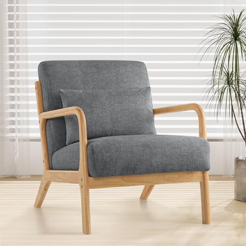 XH.Easy Go Silla de Acento Moderna con Almohada Sillón Cómodo con Marco de Madera Tapizado Estilo Mid Century para Lectura Salon Dormitorio,Gris Oscuro