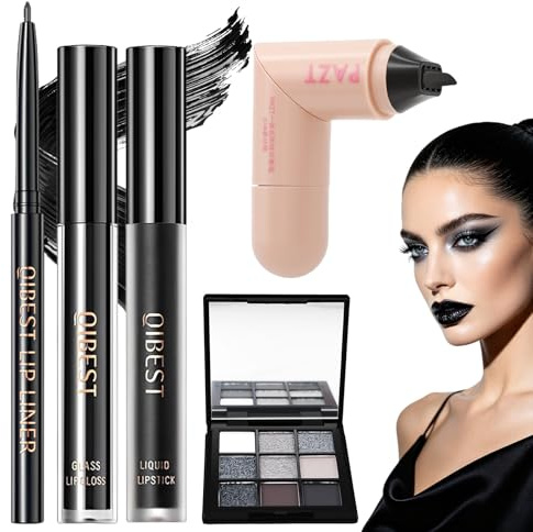 5 Pezzi Set Trucco Gotico, Nero Eyeliner Stamp, Opaco Rossetto Liquido | Matita Labbra, Nero Rossetto Gotico, Palette OmbrettiNero Smokey 9 Colori, per Halloween Carnevale