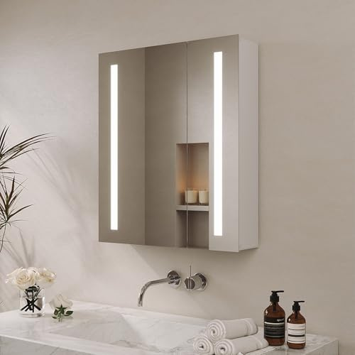 Spiegelschrank Bad mit Beleuchtung 60 cm breit 70 cm höhe Aluminium Badezimmer Spiegel Schrank Steckdose LED Badschrank doppelt verspiegelt Infrarot IR Sensor Antibeschlag dimmbar Kaltweiß Licht