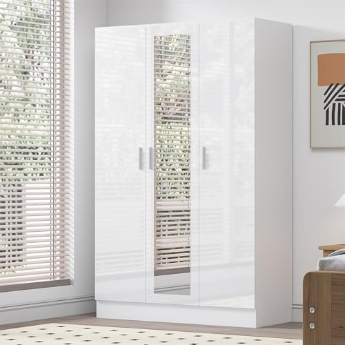 Reflect 3 Door Mirrored Wardrobe | White Gloss & Matt White | Bedroom Storage with Hanging Rail & 4 Shelves | H: 180cm x W: 113cm x D: 47cm | Modern Sleek Design