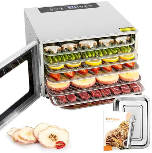 Kwasyo Deshidratador de Alimentos con 6 Bandejas Acero Inoxidable, Temporizador de 24 Horas, Temperatura Regulable 30~90℃, Pantalla LCD, 400W Deshidratador Alimentos de Frutas y Verduras, Libre BPA
