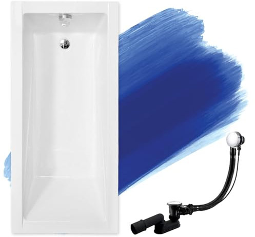 BADLAND Badewanne Original Weiß Acryl Wanne Rechteck MODERN SLIM 140x70 KOMPLETTSET SET + Füßen und Exklusive Chrom Automatik Ablaufgarnitur Made in EU 3in1
