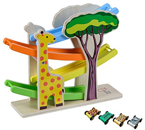 Teamson Kids Preschool Wooden Car Ramp Racer Toy Click Clack Racetrack Garage With 4 Safari Cars UK-PS-T0007 Multicolor | Click Clack Racetrack Garage, 4 Safari Cars, Wooden Construction