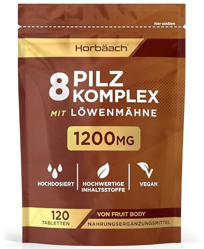 Pilz Komplex Kapseln 1200mg mit 8 Pilzsorten - Lions Mane, Cordyceps, Chaga, Shiitake, Reishi, Maitake, Shaggy Mane & Oyster | 120 Pulver Kapseln | Vegane | by Horbaach