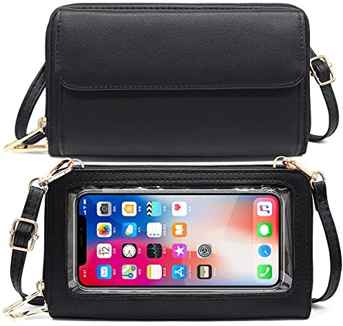 HNOOM Borsa a Tracolla per cellulare Portafoglio Donna Bloccaggio RFID Borsa Piccola Portamonete con Finestra Touch Screen (Nero)
