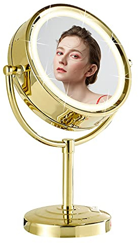 DOWRY Kosmetikspiegel mit Beleuchtung,Schminkspiegel Stehend,Tischspiegel Gold,Vergrößerungsspiegel mit Licht 7 Fach,Doppelseitige Spiegel,Ø21.5 cm