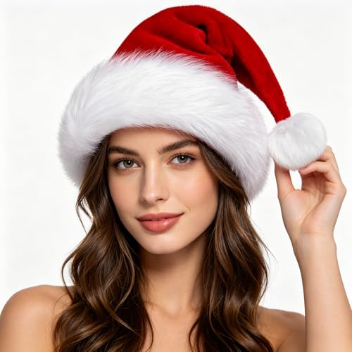 Christmas Hat Adults/Kids/Baby Santa Hat Unisex Red Velvet Fluffy Double Extra Holiday Xmas Hats for New Year Festive Party