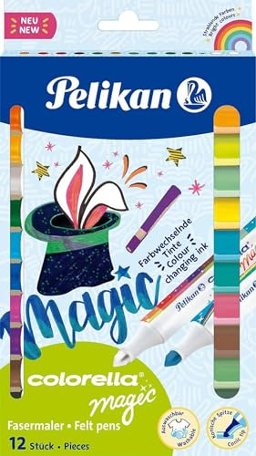 Pelikan Colorella Magic C411 Filzstifte 12 Farben - Magische Fasermaler mit Farbwechsel, Zauberstifte mit weißem Maler, auswaschbare Tinte, runde Spitze für Kinder (Set 12 Stück)