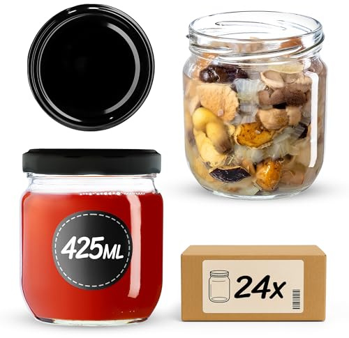 KADAX 24er Set Einmachgläser 425ml TO82 Schwarz, Sturzgläser Mason Jar mit Schraubdeckel, Luftdichte Twist-off Gläser, Meal Prep, Overnight Oats, Sauerteig