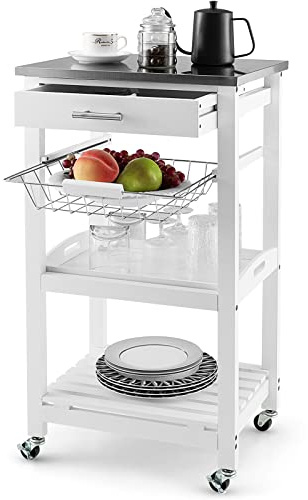 COSTWAY Kleiner Küchenwagen, Servierwagen auf Rollen, Arbeitsplatte aus Edelstahl, Schublade, Korb, Rollwagen Kücheninsel, Küchentrolley Landhausstil Weiß, 47x39x85cm