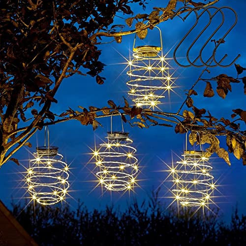 CECOMBINE 4pcs Solar Light Spiral LED Lanterns with Hook, White Powered Garden Lights Waterproof Hanging Copper for Party, Weddings, Porch, Patio, Decor (Spiral Light), CECO-I216