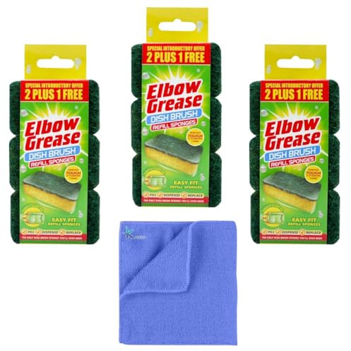 Elbow Grease Dish Brush Refill - Heavy Duty Green Refill Sponges Cleaning Scourer (3 x3) 9 Refill -With 1Microfiber Cloth