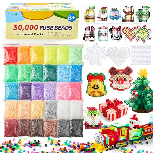 Inscraft Bügelperlen Set, 30000 Stück, 5mm, 30 Farben, xl, 10 Bügelpapier