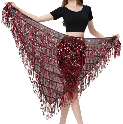 MUNAFIE Bauchtanz Hüfttuch, Pailletten Fransen Glitzer Rock Rave Festival Outfit Damen Schwarz Rot