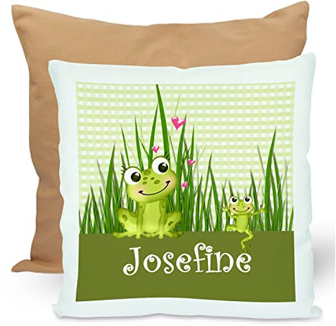 CreaDesign, Kinder Kissen 40x40 cm personalisiert mit Namen, Kinderzimmer Deko Kissen Kinder mit Füllung Federn, Motiv Frosch, Rückenfarbe Beige