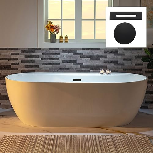 WOODBRIDGE 72 Acrylic Freestanding Bathtub Contemporary Soaking White Tub with Matte Black Overflow and Drain,B0059-MB