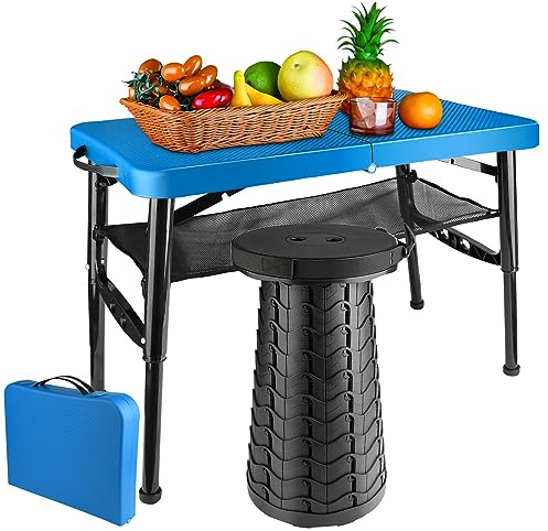 maliven Tragbares Klapptisch und Hocker-Set, leicht, zusammenklappbar, Tisch und Hocker für Camping, Picknick, Strand, Angeln, stabiler kleiner Outdoor-Tisch mit Netzschicht-Aufbewahrung, Blau