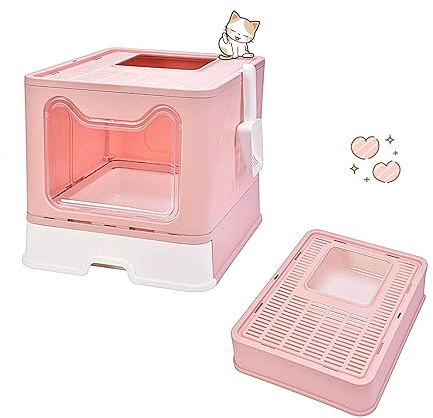 XUANYU Arenero para Gatos Grande con Pala y 2 Entrada Arenero Gato con Tapa Arenero Gatos Cubierto Cerrado Caja de Arena Plegable para Gatos, Carga de 7 kg/15 lbs (Rosa XL-51×41×38 cm)
