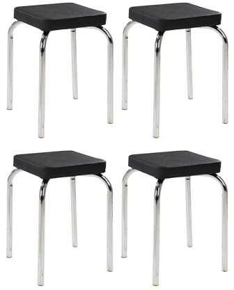 Home4You Sitzhocker 4er Set - Stapelbar - Belastbar bis 90 kg - 36x47x36 cm - Schwarz - Chromfarben - Metall - Kunstleder - Metallhocker Stapelhocker Küchenhocker