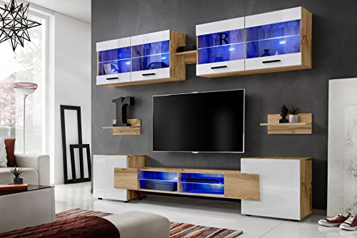 Komodee Wohnwand TV Foggia Weiß/Wotan 230x195x35 cm