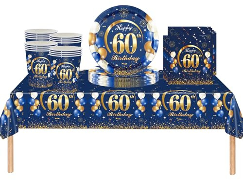53 tovaglie in plastica, piatti di carta, tovaglioli e bicchieri per uomo, decorazioni per la tavola di compleanno, usa e getta, set da tavola per feste di compleanno per adulti, 53 pezzi, blu navy