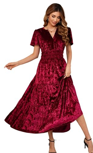 R.Vivimos Autumn Winter Women's Velvet Maxi Dress Short Sleeve V Neck Tiered Ruffle A Line Vintage Dress(XLarge,Crushed-WineRed)