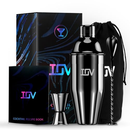 IOV Juego de coctelera de 24 onzas, coctelera de martini con colador integrado, kit de herramientas de bar con folleto de recetas, coctelera profesional grande de acero inoxidable para camarero,