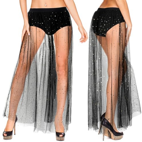 SATINIOR 2 in 1 Glitzer Transparent Mesh Rock für Damen Tüllrock mit Pailletten Transparenter Maxirock mit Hoher Taille
