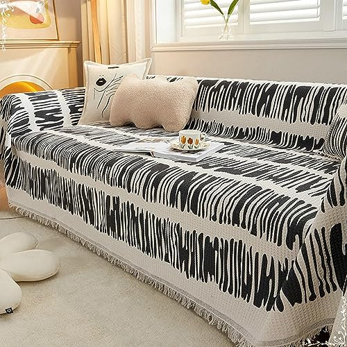 KnSam Home Sofa Überzug, Geometrische Streifen Sofaüberwurf Decke, Wohnzimmer Sessel Hunde Haustiere Sofabezug Hund Baumwolle Leinen für Hunde Haustierfreundliche (180x380CM, Schwarz)
