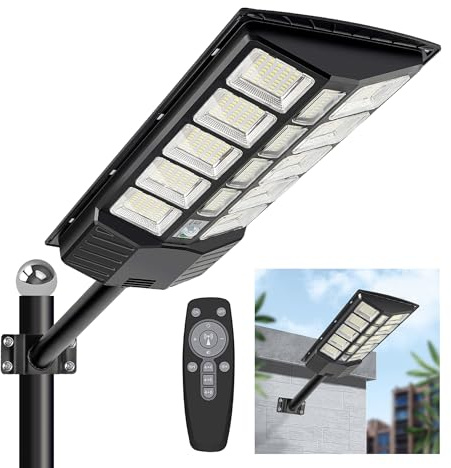 WERISE Lampadaire Solaire Extérieur avec Détecteur de Mouvement - Projecteur LED Puissant, Télécommande, Étanche IP65, 6500K, Batterie 12 000 mAh - pour Jardin, Allée, Garage