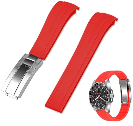 Kai Tian Cinturino per orologio in gomma da 18 mm, 20 mm, 22 mm, estremità curva, cinturino di ricambio in silicone curvo, con fibbia da sub classica per uomini e donne, rosso, 22mm