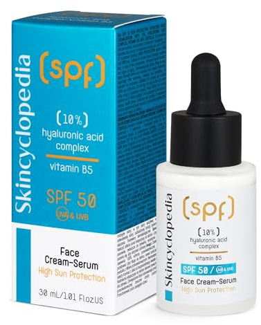 Skincyclopedia Sonnenschutz Hyaluron Serum, LSF 50 Gesichtsserum mit 10% Hyaluron-Komplex und Vitamin B5, Face Sun Protection with SPF 50, UVA und UVB, Sonnenschutz mit hohem Breitspektrumschutz, 30ml