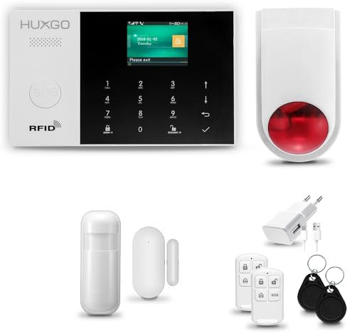HUXGO® HXA005 Allarme casa senza fili con radio Sirena esterna WiFi + GSM | Impianto allarme casa kit con 1x sensori di allarme per finestre/portes, 1x rilevatori di movimento
