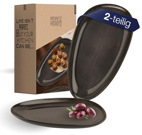 Moritz & Moritz VIDA Servierteller Set Anthrazit - 2x Große Teller aus hochwertigem Porzellan, Modern & Zeitlos, Mikrowellen- & Spülmaschinengeeignet - Perfekt für Salate, Grillfleisch, Snacks & mehr