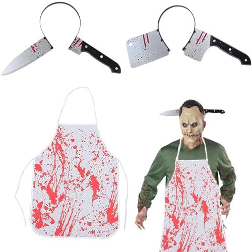 JLTXKST Grembiule Insanguinato per Adulti, Horror Grembiule Da Cucina Per Cucina Di Halloween,2 Halloween Coltello Testa Fascia, Utilizzato per la Decorazione Dell'orrore del Partito di Halloween.